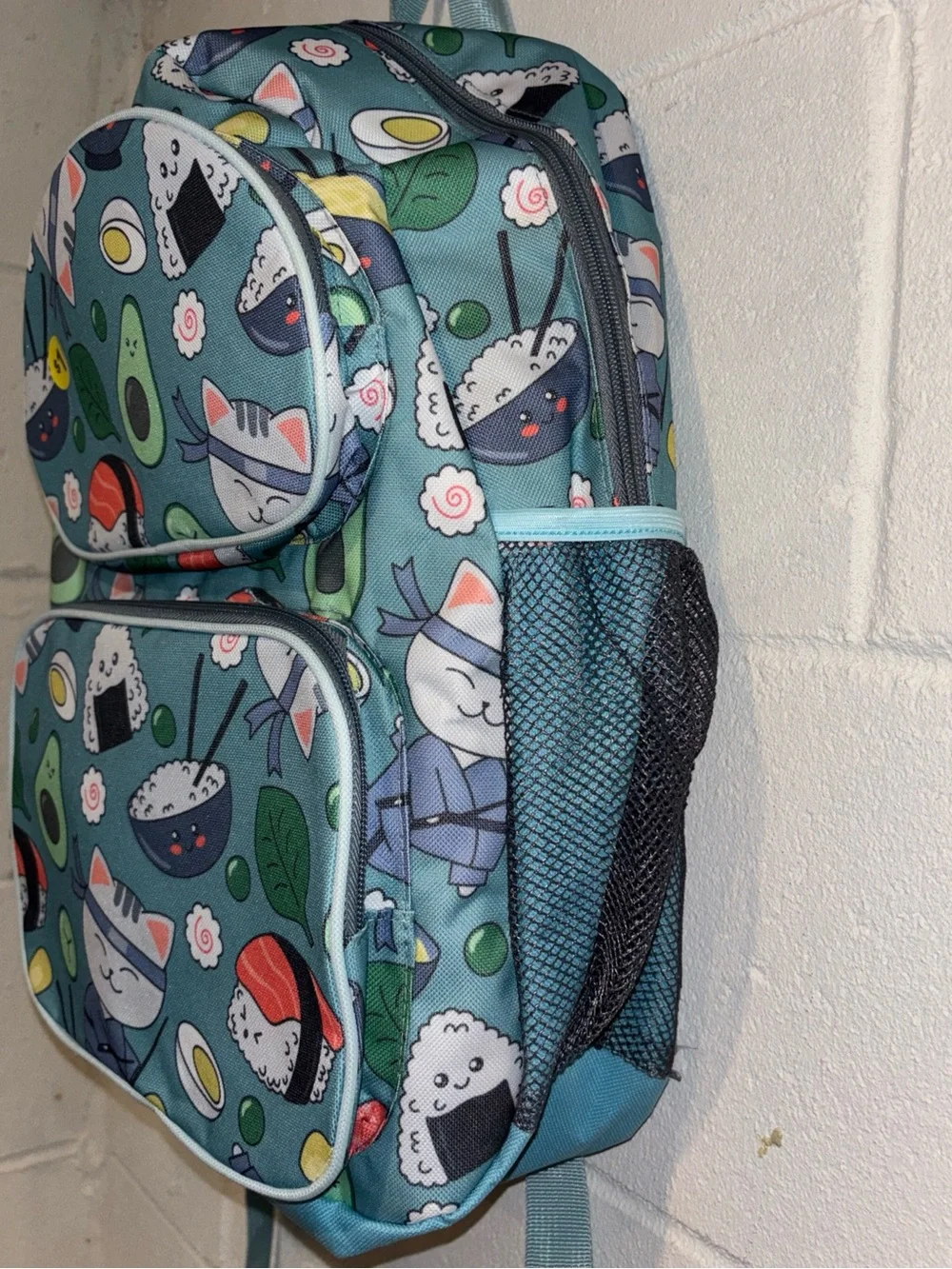 Women’s Sushi Kitty backpack book bag teal green with laptop sleeve